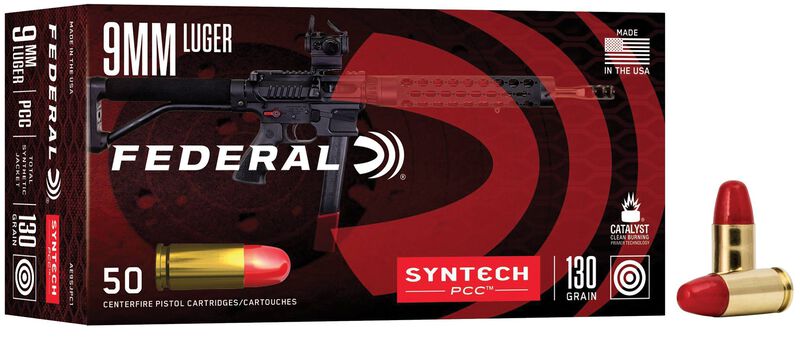 Syntech PCC, 9mm Luger, 130 Grain, Syntech Jacket Flat Nose, 1140 fps