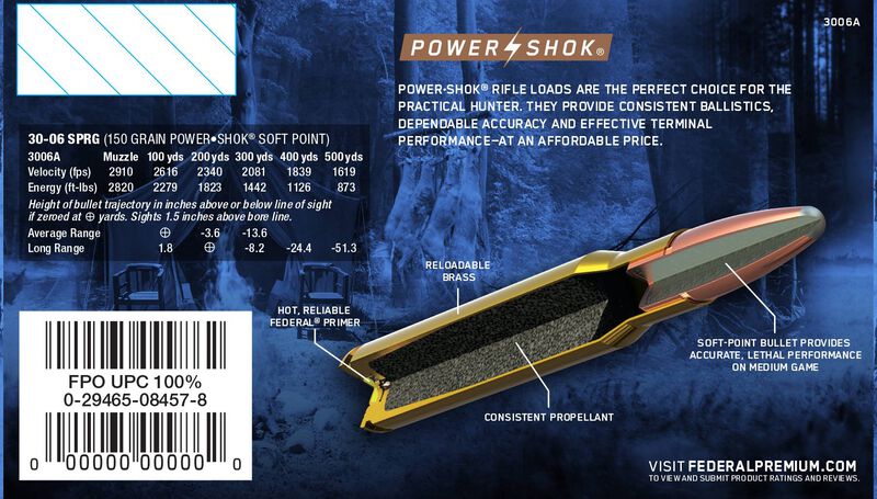Power-Shok Rifle, 30-06 Springfield, 150 Grain, Jacketed Soft Point, 2910 fps