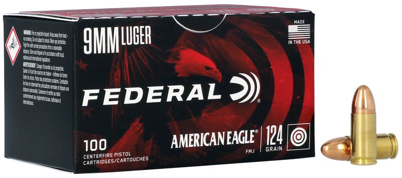 American Eagle Handgun, 9mm Luger, 124 Grain, Full Metal Jacket, 1180 fps