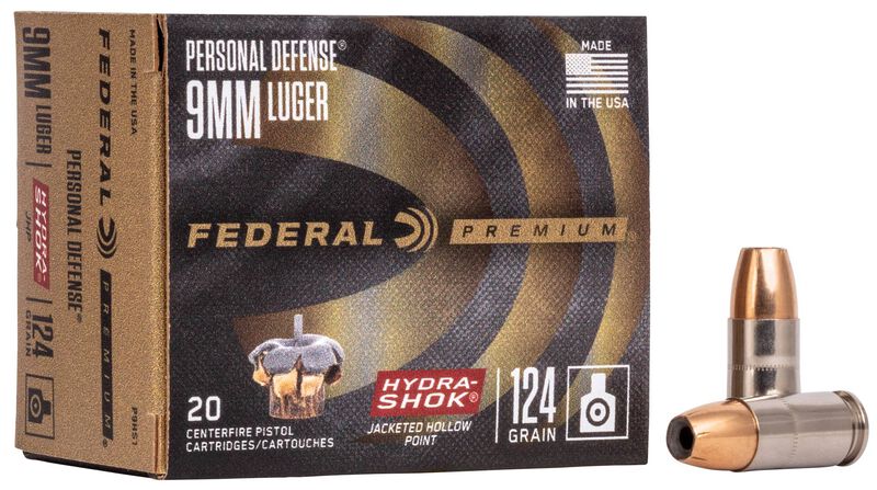Personal Defense Hydra-Shok, 9mm Luger, 124 Grain, Hydra-Shok Jacketed Hollow Point, 1120 fps