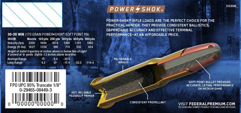 Power-Shok Rifle, 30-30 Win, 170 Grain, Jacketed Soft Point, 2200 fps