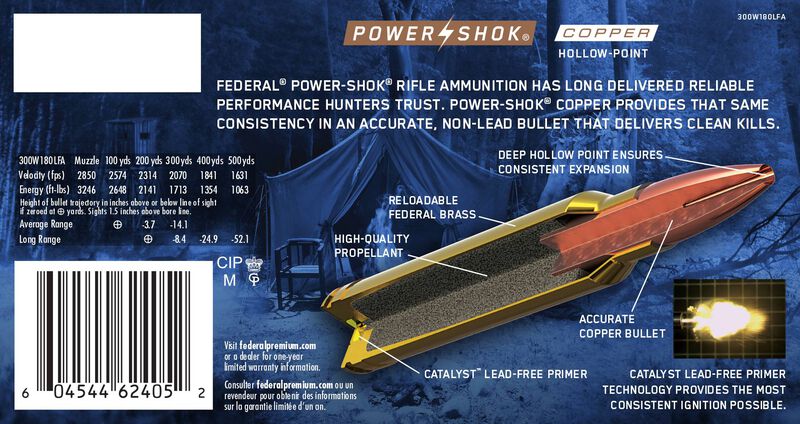Power-Shok Copper Rifle, 300 Win Mag, 180 Grain, Copper HP, 2850 fps