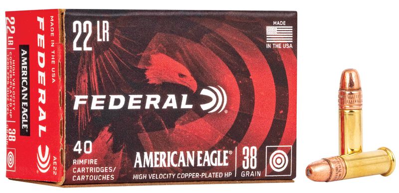 American Eagle Rimfire, 22 LR, 38 Grain, Copper Plated Hollow Point, 1260 fps
