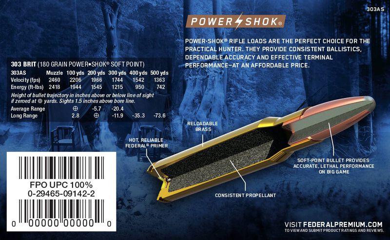 Power-Shok Rifle, 303 British, 180 Grain, Jacketed Soft Point, 2460 fps