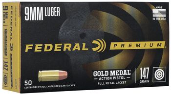 Gold Medal Action Pistol, 9mm Luger, 147 Grain, Total Metal Jacket Flat Nose, 900 fps