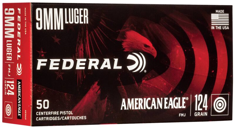 American Eagle Handgun, 9mm Luger, 124 Grain, Full Metal Jacket, 1150 fps