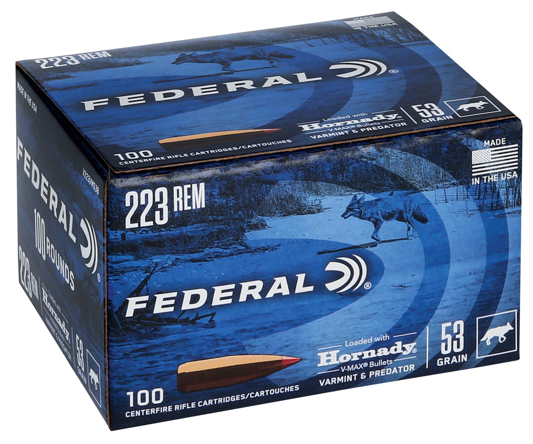 Federal 223 Rem 53gr V-Max – Reliable .223 Remington Varmint Ammo, 3400 fps, 100 Rounds
