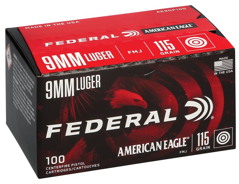 American Eagle Handgun, 9mm Luger, 115 Grain, Full Metal Jacket, 1180 fps