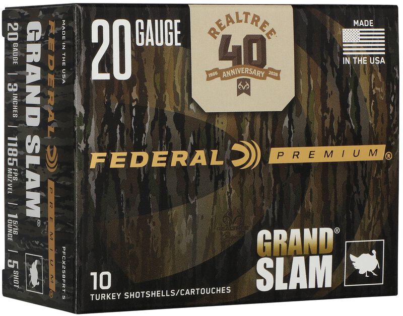 Grand Slam Realtree 40th Anniversary Edition, 20 Gauge, 5 Shot, 3 in, 1 5/16 oz, 1185 fps 20 Gauge Ammo - 10 Shells of #5 Shot Ammunition ammunition