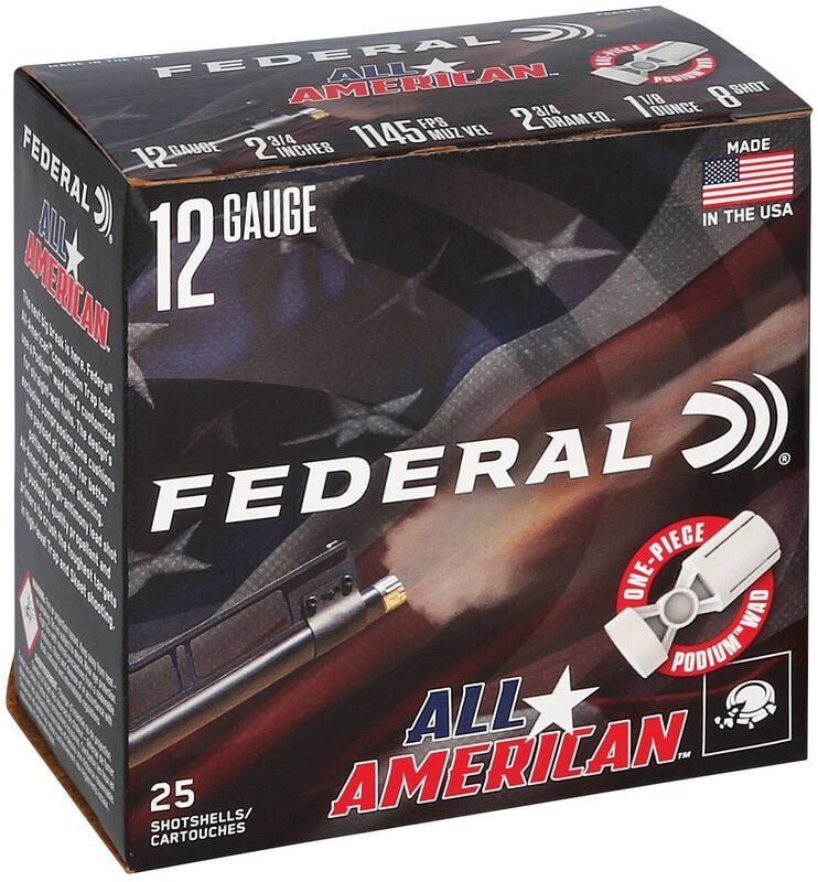 All-American, 12 Gauge, 8 Shot, 2-3/4 in, 1 1/8 oz, 1145 fps