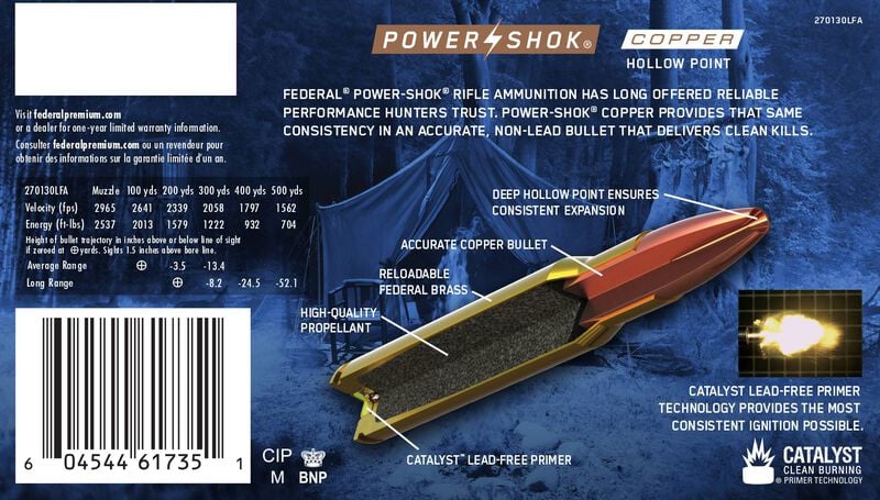 Power-Shok Copper Rifle, 270 Win, 130 Grain, Copper HP, 3060 fps
