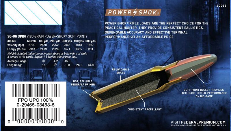 Power-Shok Rifle, 30-06 Springfield, 180 Grain, Jacketed Soft Point, 2700 fps