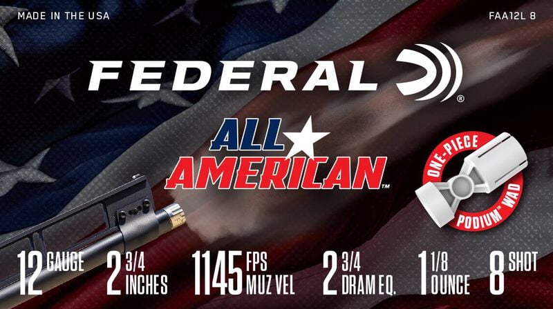 All-American, 12 Gauge, 8 Shot, 2-3/4 in, 1 1/8 oz, 1145 fps
