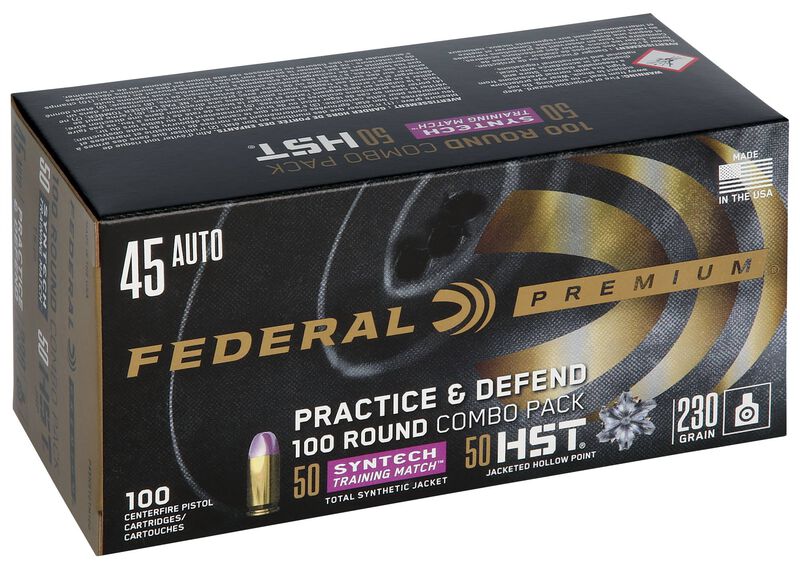 Practice &amp; Defend, 45 Auto, 230 Grain, HST JHP / Syntech TSJ, 890 fps