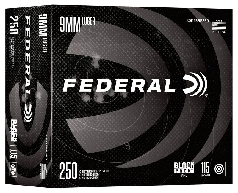 Black Pack Handgun, 9mm Luger, 115 Grain, Full Metal Jacket Round Nose, 1180 fps