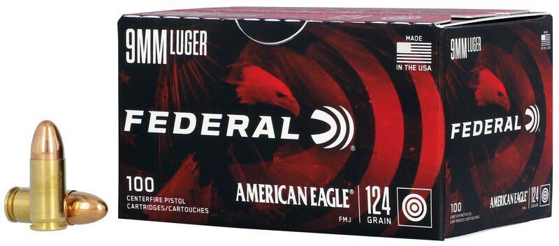 American Eagle Handgun, 9mm Luger, 124 Grain, Full Metal Jacket, 1180 fps