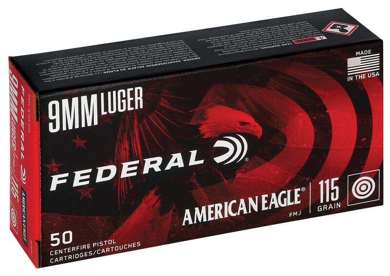 American Eagle Handgun, 9mm Luger, 115 Grain, Full Metal Jacket, 1180 fps