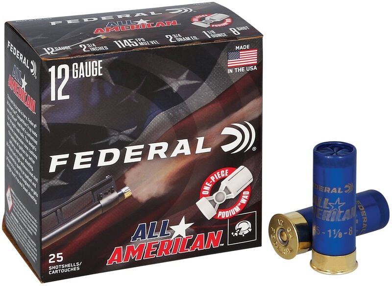 All-American, 12 Gauge, 8 Shot, 2-3/4 in, 1 1/8 oz, 1145 fps