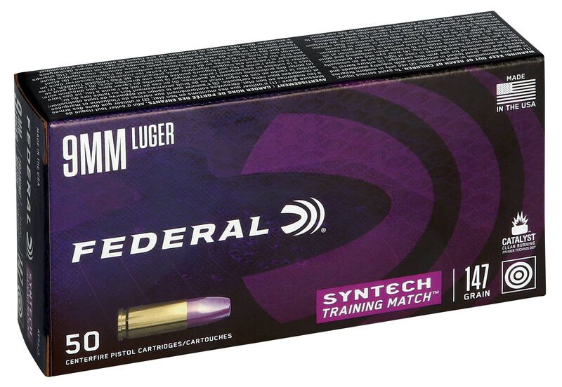 Syntech Training Match, 9mm Luger, 147 Grain, Syntech Jacket Flat Nose, 1000 fps