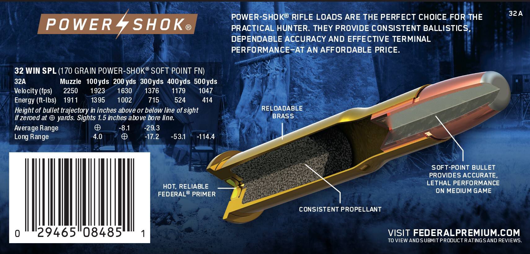 Federal 32 Win Special 170gr JSP – Proven .32 Winchester Special Hunting Ammo, 2250 fps, 20 Rounds 3 Federal 32 Win Special 170gr JSP – Proven .32 Winchester Special Hunting Ammo, 2250 fps, 20 Rounds - Image 3