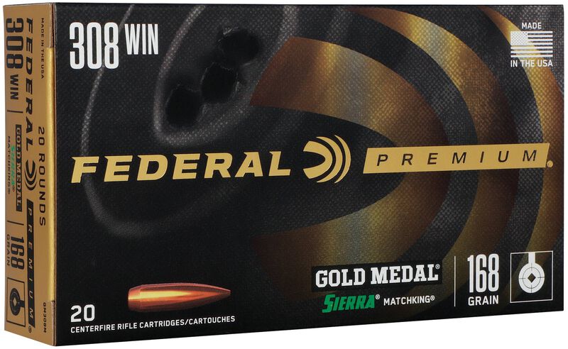 Gold Medal Sierra MatchKing, 308 Win, 168 Grain, Sierra Matchking Boat-Tail Hollow Point, 2650 fps