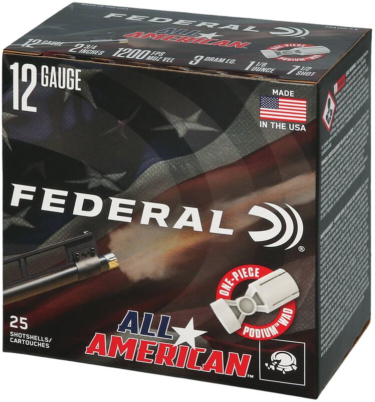 All-American, 12 Gauge, 7.5 Shot, 2-3/4 in, 1 1/8 oz, 1200 fps