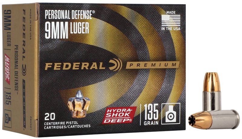 Personal Defense Hydra-Shok Deep, 9mm Luger, 135 Grain, Hydra-Shok Deep Jacketed Hollow Point, 1060 fps