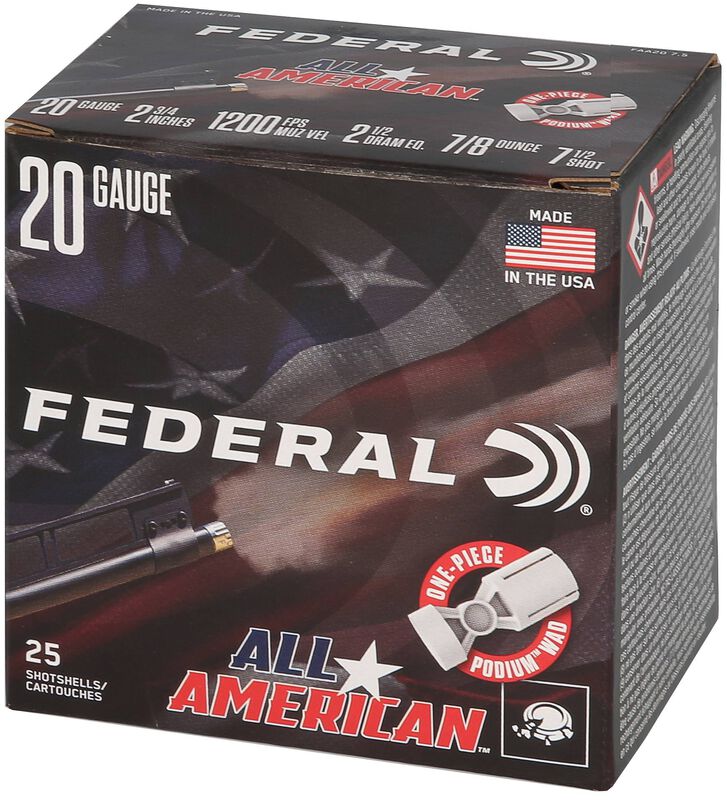 All-American, 20 Gauge, 7.5 Shot, 2-3/4 in, 7/8 oz, 1200 fps