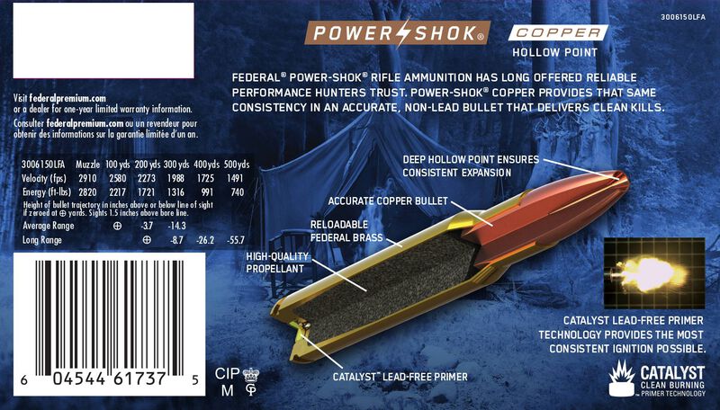 Power-Shok Copper Rifle, 30-06 Springfield, 150 Grain, Copper HP, 2910 fps