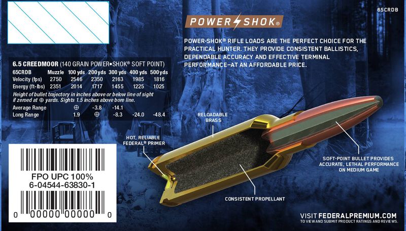 Power-Shok Rifle, 6.5 Creedmoor, 140 Grain, Jacketed Soft Point, 2725 fps