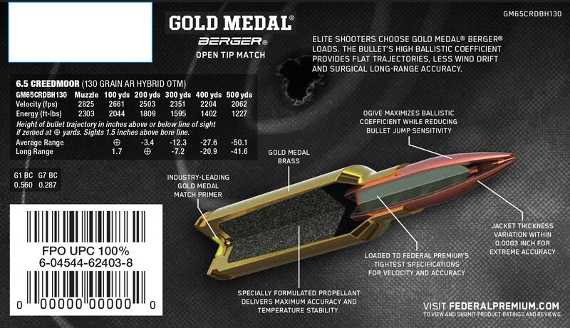 Gold Medal Berger, 6.5 Creedmoor, 130 Grain, Berger AR Hybrid OTM, 2875 fps