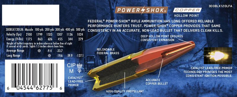 Power-Shok Copper Rifle, 300 Blackout, 120 Grain, Copper HP, 2100 fps