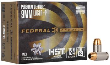 Personal Defense HST, 9mm Luger +P, 124 Grain, HST Jacketed Hollow Point, 1200 fps