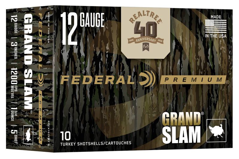 Grand Slam Realtree 40th Anniversary Edition, 12 Gauge, 5 Shot, 3 in, 1 3/4 oz, 1200 fps 12 Gauge Ammo - 10 Shells of #5 Shot Ammunition ammunition