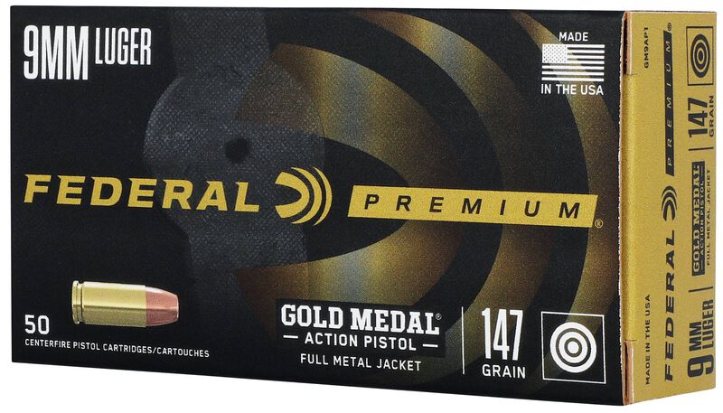 Gold Medal Action Pistol, 9mm Luger, 147 Grain, Total Metal Jacket Flat Nose, 900 fps