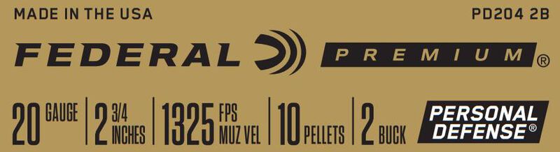 Personal Defense Shotshell with FLITECONTROL Wad, 20 Gauge, 2 Buck Shot, 2-3/4 in, 1325 fps
