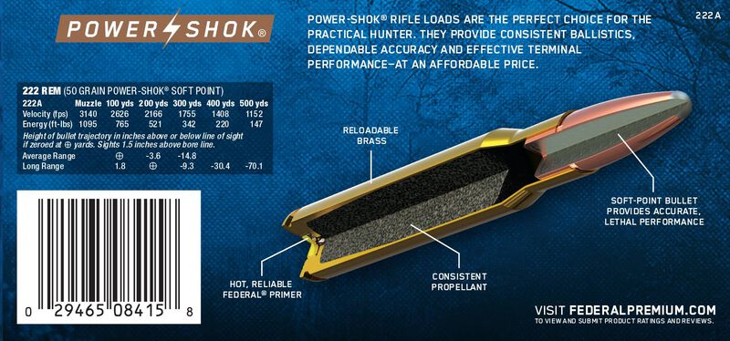 Power-Shok Rifle, 222 Rem, 50 Grain, Jacketed Soft Point, 3140 fps