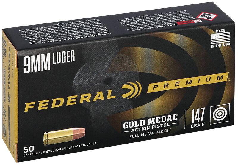 Gold Medal Action Pistol, 9mm Luger, 147 Grain, Total Metal Jacket Flat Nose, 900 fps
