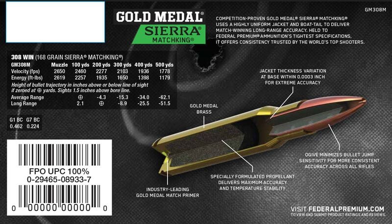 Gold Medal Sierra MatchKing, 308 Win, 168 Grain, Sierra Matchking Boat-Tail Hollow Point, 2650 fps