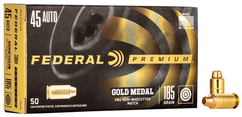 Gold Medal Handgun, 45 Auto, 185 Grain, Full Metal Jacket Semi-Wadcutter, 770 fps 45 Auto Caliber Ammo - 50 Rounds of 185 Grain Weight Ammunition (GM45B)