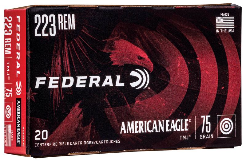 American Eagle Rifle, 223 Rem, 75 Grain, Total Metal Jacket, 2775 fps 223 Rem Caliber Ammo - 20 Rounds of 75 Grain Weight Ammunition (AE223T75)