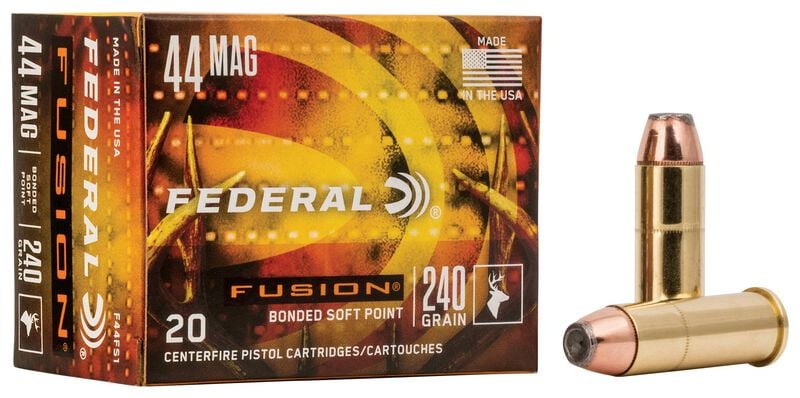 Fusion Handgun, 44 Rem Magnum, 240 Grain, Fusion Soft Point, 1290 fps 44 Rem Magnum Caliber Ammo - 20 Rounds of 240 Grain Weight Ammunition (F44FS1)