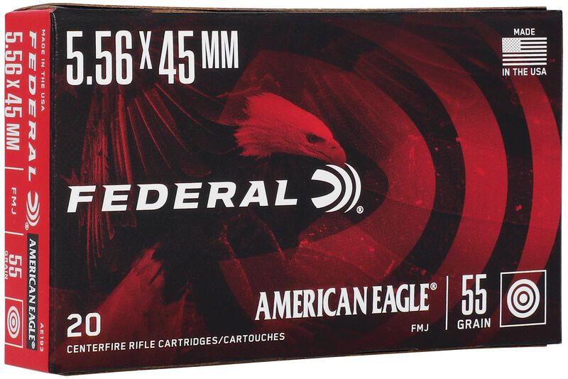 American Eagle Rifle, 5.56x45mm, 55 Grain, Full Metal Jacket Boat-Tail, 3165 fps 5.56x45mm Caliber Ammo - 20 Rounds of 55 Grain Weight Ammunition (AE193)