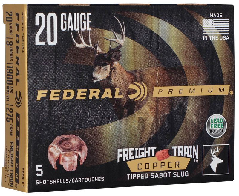 Freight Train Copper Sabot Slug, 20 Gauge, 275 Grain, 3 in, 1900 fps 20 Gauge Ammo - 5 Shells of 275 Grain Weight Ammunition (P209 FT)