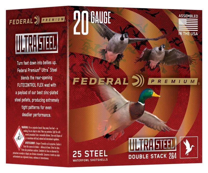 Ultra Steel, 20 Gauge, 2 and 4 Shot, 3 in, 1 oz, 1400 fps 20 Gauge Ammo - 25 Shells of #2 and 4 Shot Ammunition (PWUX209 24)