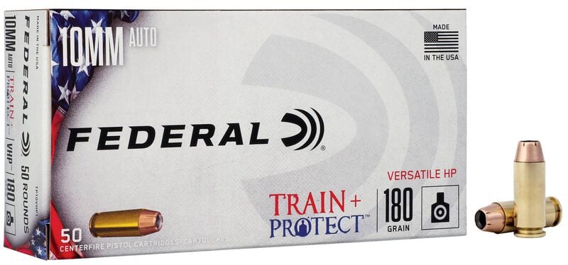 Train + Protect, 10mm Auto, 180 Grain, Versatile Hollow Point, 1175 fps 10mm Auto Caliber Ammo - 50 Rounds of 180 Grain Weight Ammunition (TP10VHP1)