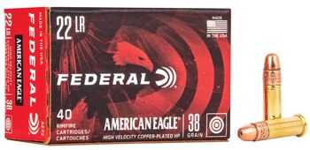 American Eagle Rimfire, 22 LR, 38 Grain, Copper Plated Hollow Point, 1260 fps