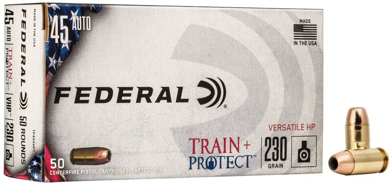 Train + Protect, 45 Auto, 230 Grain, Jacketed Hollow Point, 850 fps 45 Auto Caliber Ammo - 50 Rounds of 230 Grain Weight Ammunition (TP45VHP1)