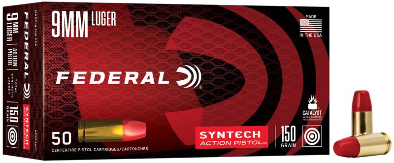 Syntech Action Pistol, 9mm Luger, 150 Grain, Syntech Jacket Flat Nose, 890 fps