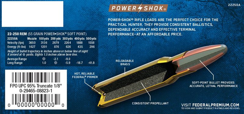 Power-Shok Rifle, 22-250 Rem, 55 Grain, Jacketed Soft Point, 3650 fps